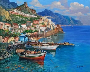 AMALFI PAINTING OLD HARBOUR ITALIAN PAINTER SOMMA ORIGINAL ITALY WALL ART DECOR - Picture 1 of 11