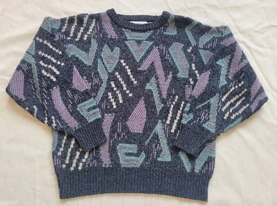 复古 Michael Gerald Geometric 80 年代 90 年代毛衣套衫 L 码紫色蓝色 — 第 1/4 张图片