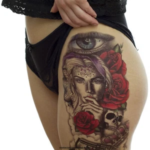 2 x XXL Tattoo - Frau, Rosen, Totenkopf - Temporäres Körper Tattoo - TQB120 (2) - Bild 1 von 7