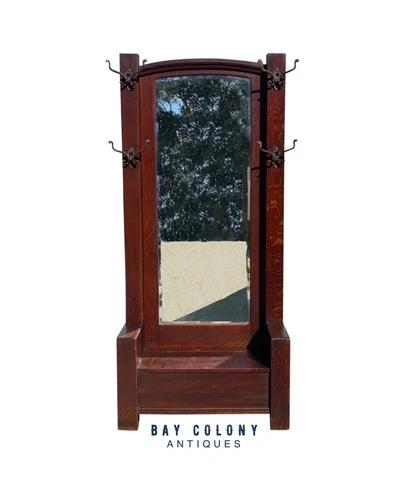 ANTIQUE ARTS & CRAFTS TIGER OAK MIRRORED HALL TREE / ENTRYWAY BENCH Cover