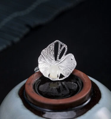 I04 Anello Foglia Con Bianca Giada Argento Sterling 925 Tgl 16 - 18 Regolabile - Immagine 1 di 4