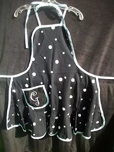 Embroidered Monogram G Apron Black w White Pok A Dots Light Blue Edges Bib AP132 - Picture 1 of 7