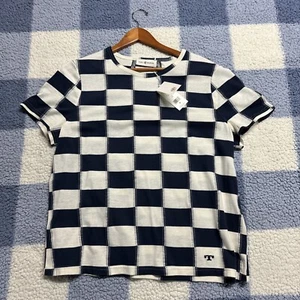 TORY BURCH Checkerboard T-Shirt Blue White PLAID Tory Navy / French Cream Sz XXL - Picture 1 of 8