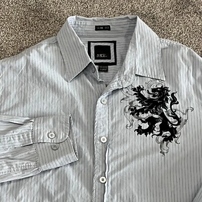 Camisa BKE Perla a Presión Para Hombres XL Botón Manga Larga Azul Rayas Negro León Gráfico Foto 1 de 4