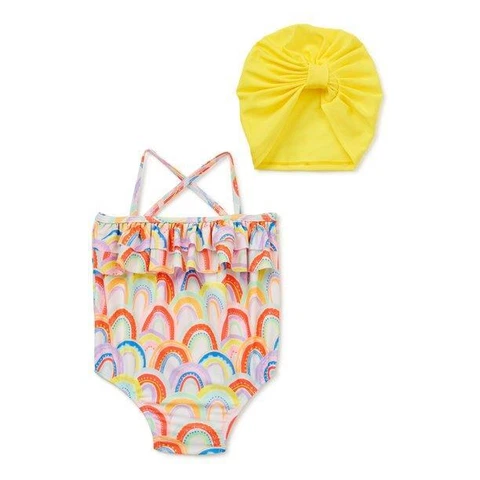 NEW NWT Girls 3 - 6 Months Beach Pool 1 Pc Swimsuit & Head Turban 2 Pc Set Cover