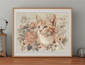 Kitty Cat and Flowers #1 Ephemera Shabby Chic Counted Cross Stitch PATTERN Chart - Picture 1 of 2