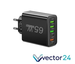 Multi-Ladegerät 65W | 6 Ports | USB-C & USB-A | Sicher, kompakt Schwarz USB NEU - Bild 1 von 1