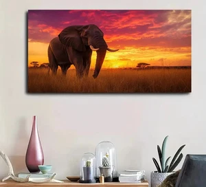 Abstract Elephant Standing In Grass At Sunse Unframed Canvas Painting for Living - Picture 1 of 6
