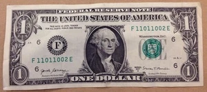 Fancy Serial Number US Currency $1 FRN Series 2017A Trinary Note F11011002E - Picture 1 of 2