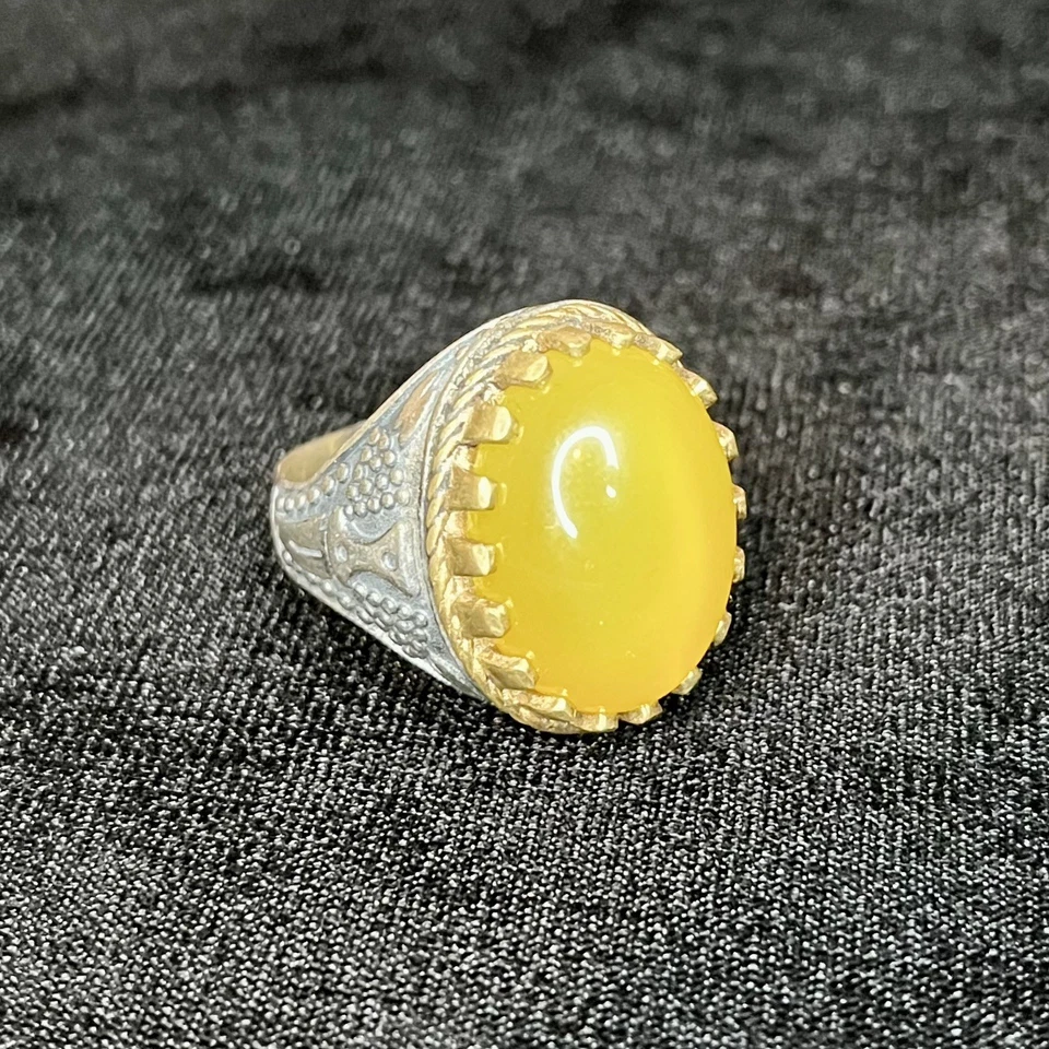 925 银男士戒指 • 黄色玉凸圆形 • 土耳其手工制作 — 第 1/4 张图片