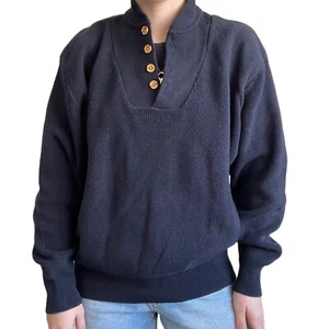 Vintage 90s Eddie Bauer Cotton Navy Blue Oversized Henley Sweater Sz XL - Picture 1 of 6