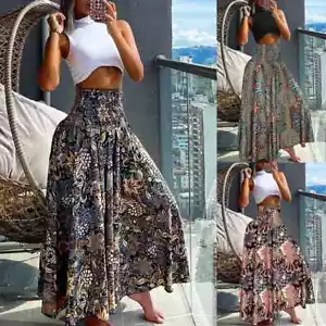 Women Dress A Line Skirt Maxi Skirts High Waist Summer Long Beach Floral Boho - Picture 1 of 30