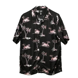 H&M Hawaiian Shirt Mens M Black Palm Island Print Tropical Vacation Rayon - Picture 1 of 7