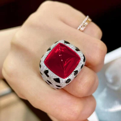 New Big Sugar Tower Red Garnet Gems Classical Luxury Women Silver Charm Rings - Image 1 of 4