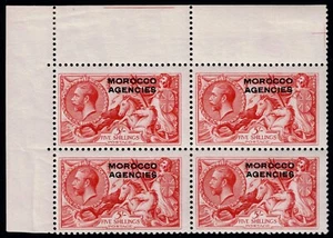 1914-31 Morocco Agencies 5/- Seahorse SG 54 Plate 5/6 VF UM/MM Block Ex Gellatly - Picture 1 of 1