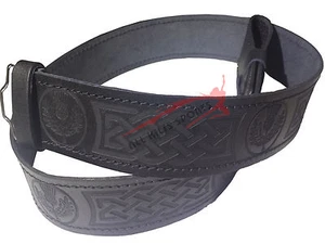 Scottish Highlander Black Leather Embossed Thistle Kilt Belt - Picture 1 of 2