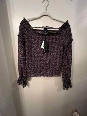 Nuevo con etiquetas Top Lucy Paris Mujer Azul/Marrón Floral Calado Manga Larga Hombro Descubierto LG Foto 1 de 4