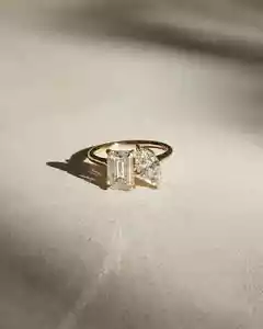 Two Stone Gold Moissanite Ring, Emerald and Marquise Cut Diamond Ring - Picture 1 of 3