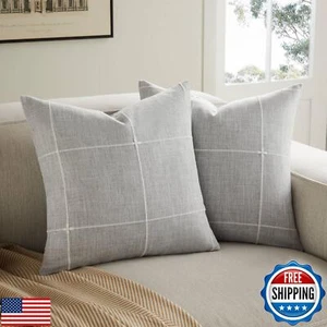 YZJZEDS 2 Packs Grid Embroidery Throw Pillow Covers, 16x16 Inch Light Grey, F - Picture 1 of 5