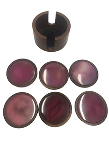 Vintage MCM Set of 6 Wooden Pink Agate Natural Geode Crystal Coasters + Holder - Picture 1 of 9