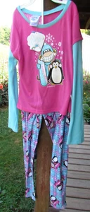 Bobby Jack Girls Pajama Set Pink/Aqua Monkey Penguin sz XL 14 - Picture 1 of 8