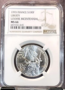 1993 FRANCE SILVER 100 FRANCS LIBERTY LOUVRE BICENTENNIAL NGC MS 66 TOP POP 1 - Picture 1 of 3