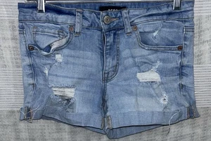 Aero Midi Denim Jean Shorts Women's Size 6 Blue Cuffed Hem Low Rise Distressed - Picture 1 of 3