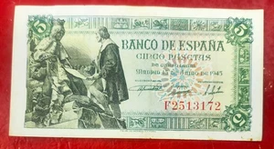 ESPAÑA  EDIFIL 449a  5 PTAS 15 DE JUNIO DE 1945  SERIE F. CONSERVACIÓN MBC - Bild 1 von 2