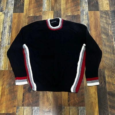 Vintage Structure Sweater Mens Large Black Striped Cotton Knit Crewneck Large - Image 1 of 4