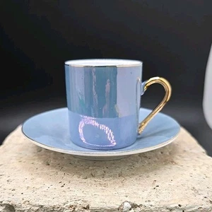 Godinger Lustre Light Blue Demitasse Teacup and Saucer - Picture 1 of 11