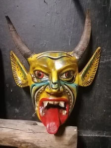 Große seltene gelbe Farbe Dämon Holz Maske schwarzer Teufel echte Ziegenhörner Mexikaner Folk - Bild 1 von 10