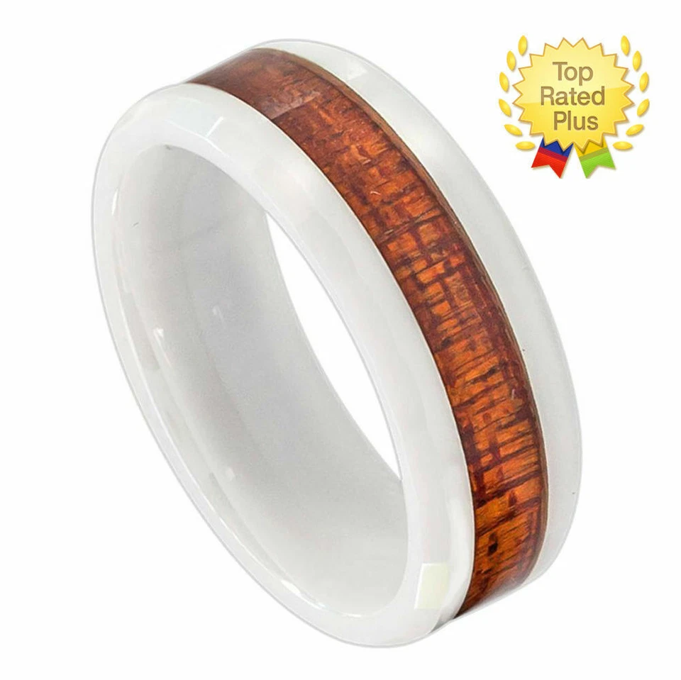 8mm Men's or Women White Ceramic Hawaiian Koa Wood Inlay Wedding Band Ring - Image 1 of 1