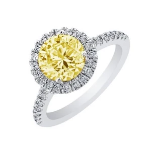 Fancy Yellow GIA 2.00 Carat Round Brilliant Cut Diamond Engagement Ring 18k Gold - Picture 1 of 3