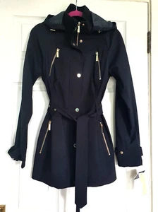 Michael Kors Black Gold Raincoat Jacket Coat, Removeable Hood, Belt - XS *NEW* - Picture 1 of 10