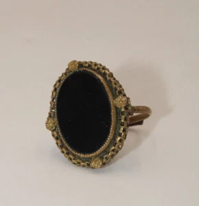 Antique Mourning Ring Brass & Onyx Adjustable Beautiful Metal Mesh & Rosettes - Picture 1 of 11