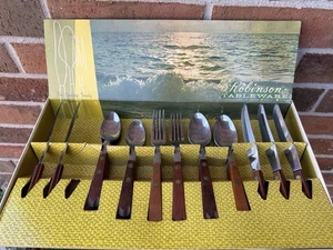 VTG MCM Robinson Tableware Stainless Flatware Set Original Box Wooden Handle USA - Picture 1 of 21