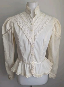 VTG 70s Gunne Sax Style High Neck Ruffle Collar Victorian Lace Cotton Blouse - Picture 1 of 15