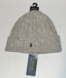 Polo Ralph Lauren Wool Heather Grey Blend Ribbed Cuff Knit Beanie Hat Navy Pony - Picture 1 of 4