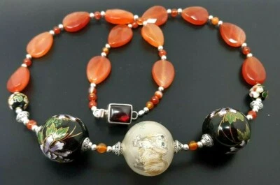 Collar de cuentas de porcelana vintage de plata esterlina natural cornalina pintada a mano   Foto 1 de 4