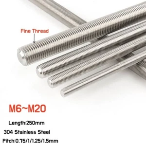 A2 Stainless Steel Threaded Bar Rod Stud Metric Fine Thread Pitch M6M8M10M12-M20 - Picture 1 of 6