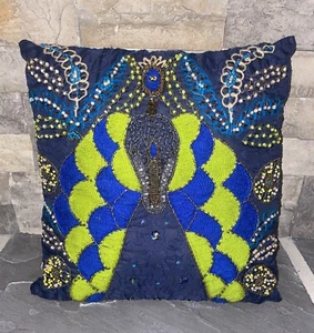 Decorative Peacock Embroidered Beaded 14"x14" Pillow Removable Cover - Picture 1 of 7