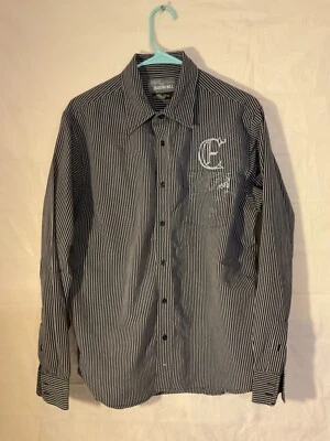 Ezekiel shirt Mens Black Gray Striped long sleeve button up Embroidered - Image 1 of 4