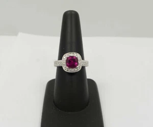 Bonito! Anillo de halo de turmalina y diamantes rodolita rosa de 2 quilates - oro blanco de 14 K  - Imagen 1 de 12
