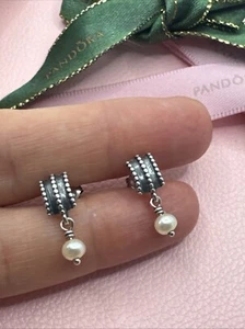 Genuine Pandora Beveled Pearl Drop Earrings 925 ALE Authentic Retired Rare - Picture 1 of 8