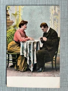 EL Series 885 Woman Man Seated in Salon - Possible Proposal Engagement Postcard - Picture 1 of 2