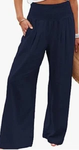 Women's Smocked High Waisted Cotton Linen Wide Leg Pants Palazzo with Pockets-M - Picture 1 of 1