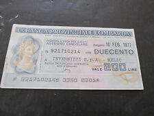 Miniassegno Banca Provinciale Lombarda Lire 200 1977 circolato - INVERNIZZI -