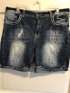 Cato Premium Bermuda Jean Shorts Womens 14 Blue Denim Distressed Classic Fit - Picture 1 of 13