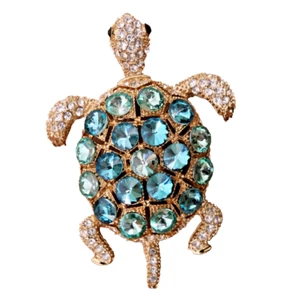 Anne Klein pin turtle green blue round faceted sparkly crystals signed goldtone - Picture 1 of 4