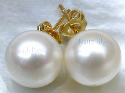 PERFECT AAA++ GENUINE NATURAL WHITE ROUND PEARL STUD EARRINGS 14K YELLOW GOLD - Image 1 of 4